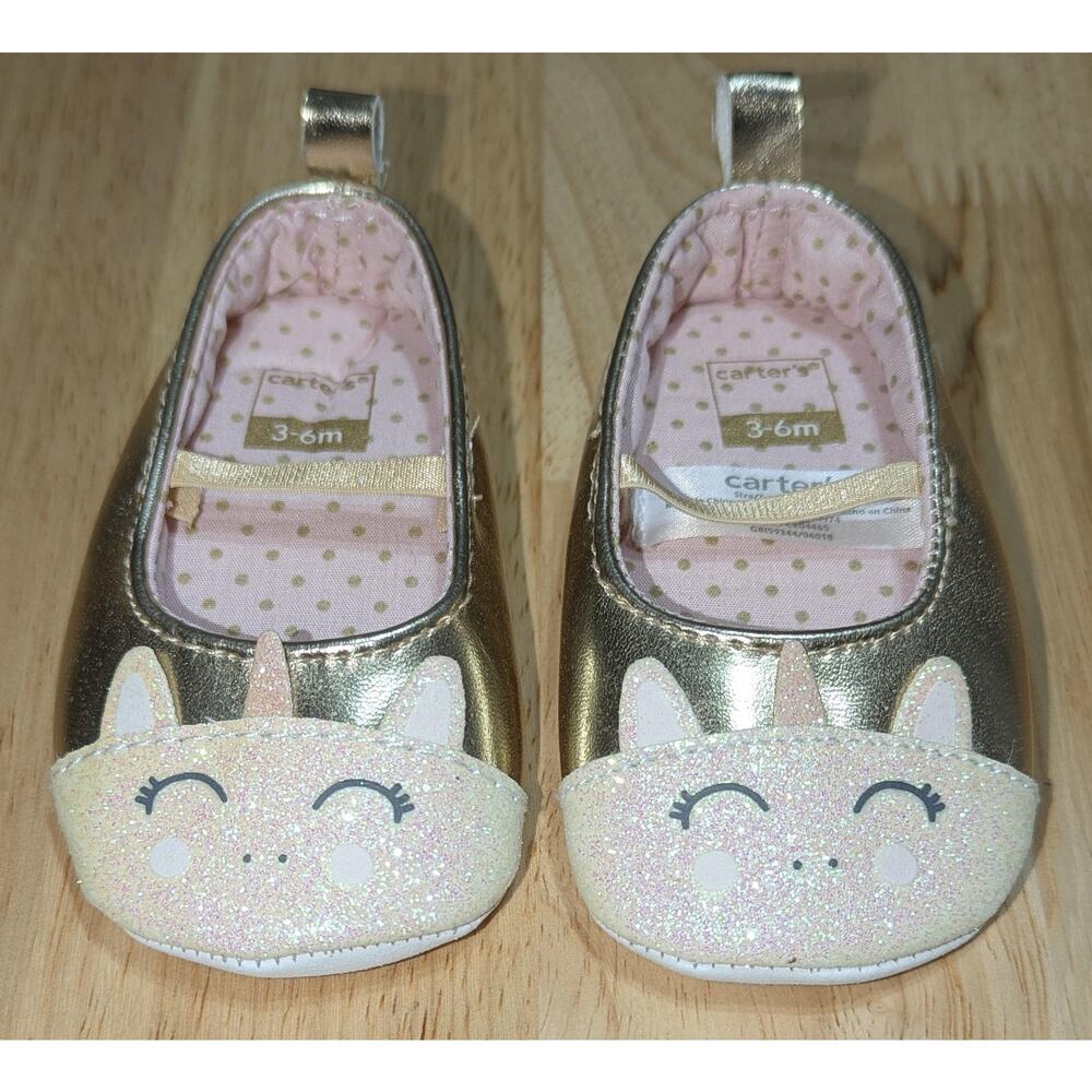 Carter's Ballet Flats Size 2 Gold Unicorn Glitter Baby Girls 3-6 Mo. Crib Shoes